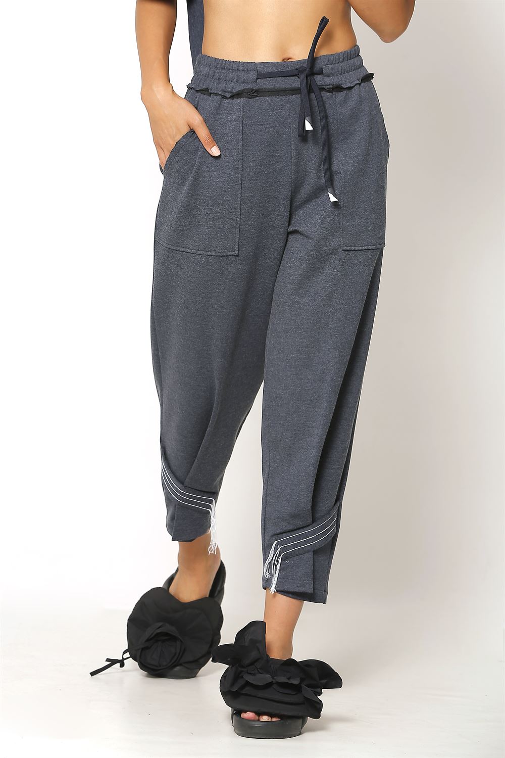 Beli Lastikli Şerit Detaylı Örme Pantolon - Lacivert