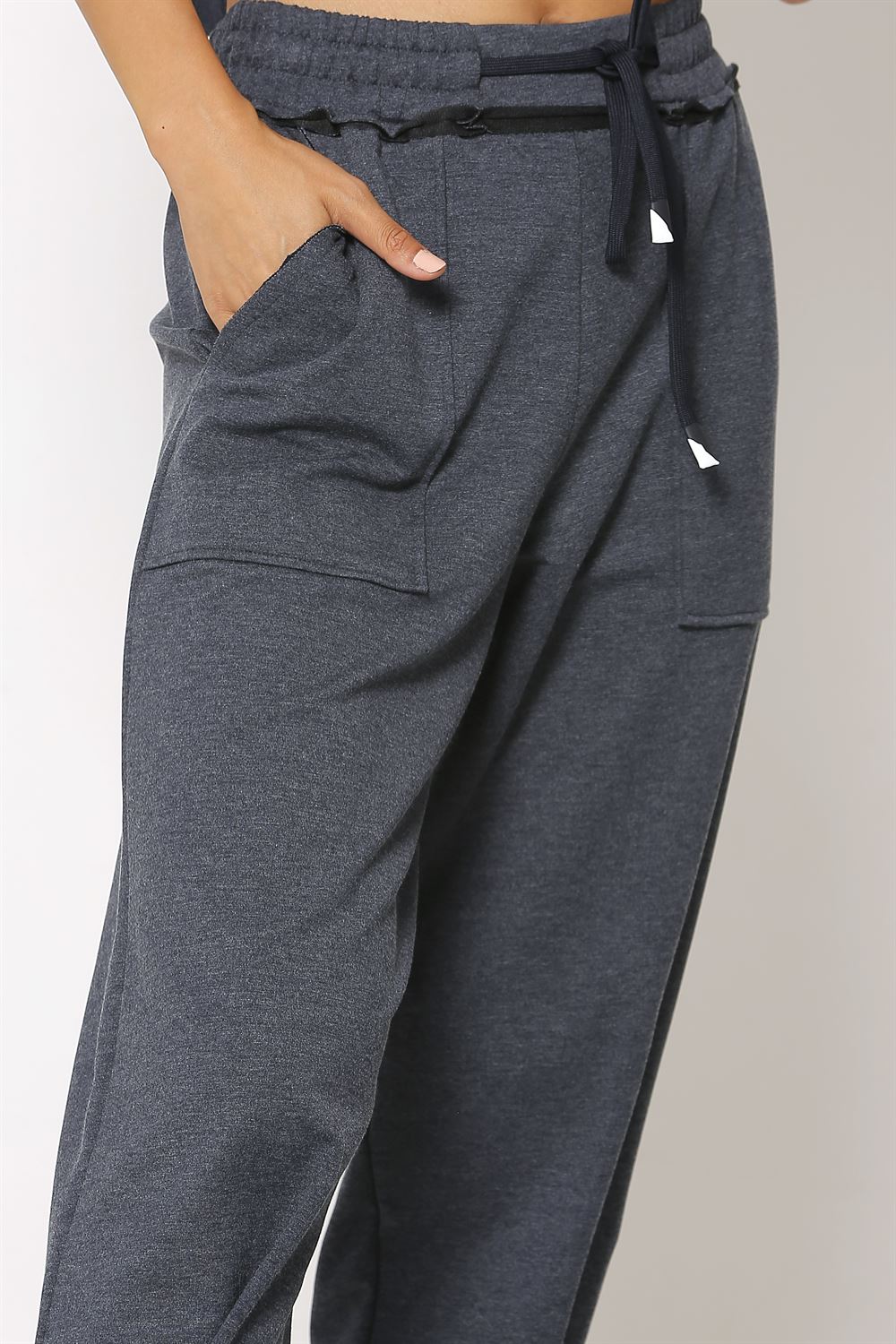 Beli Lastikli Şerit Detaylı Örme Pantolon - Lacivert