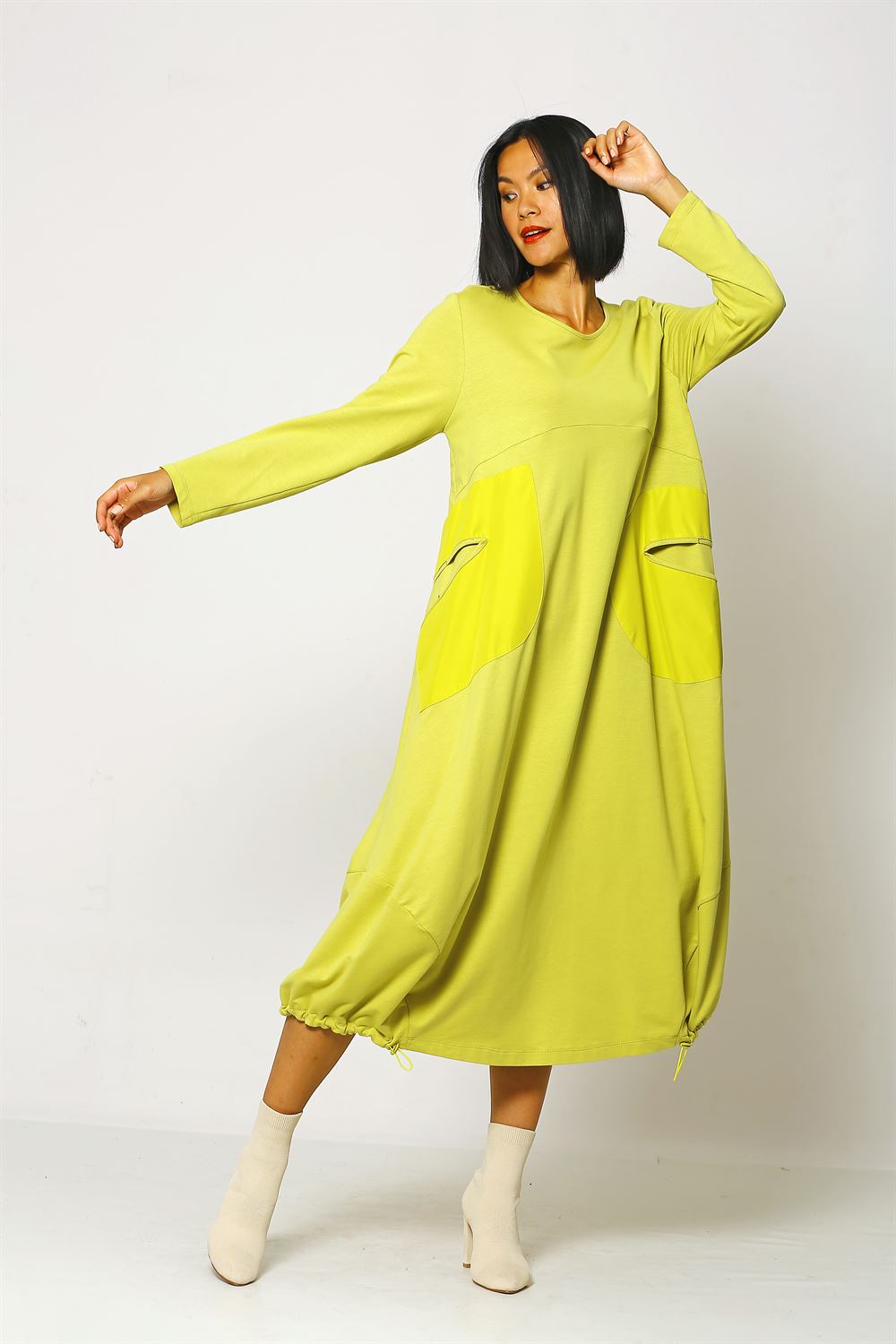 Etek Ucu Lastikli Büzgü Detaylı Örme Elbise - Limon Yeşili