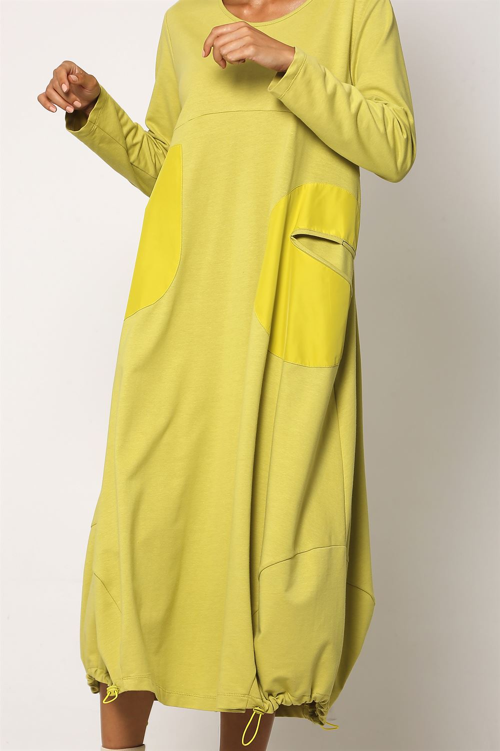 Etek Ucu Lastikli Büzgü Detaylı Örme Elbise - Limon Yeşili