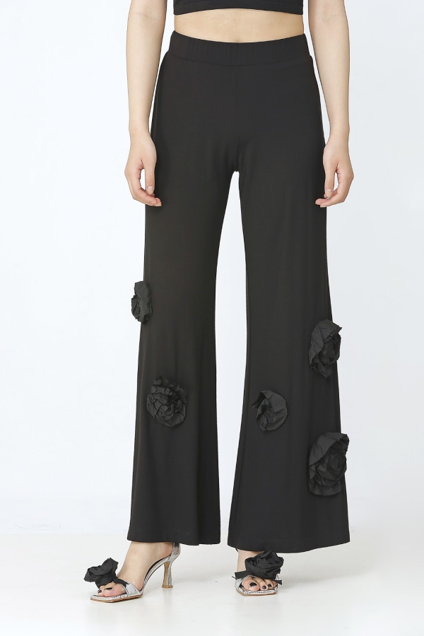 Rose Motif Pants - Black - 1