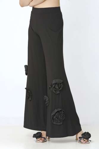 Rose Motif Pants - Black - 2