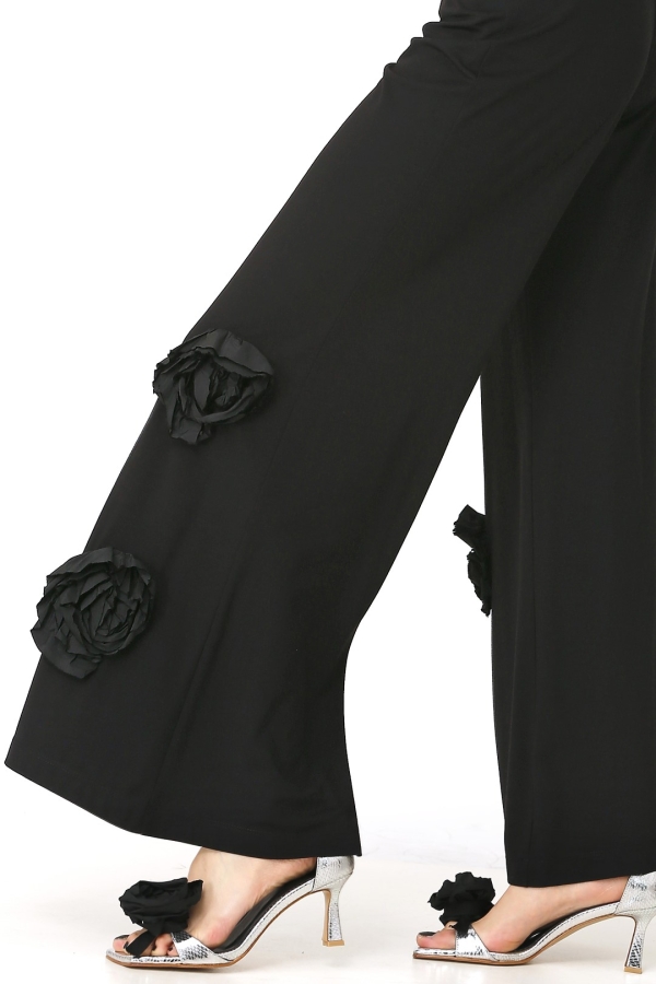 Rose Motif Pants - Black - 4