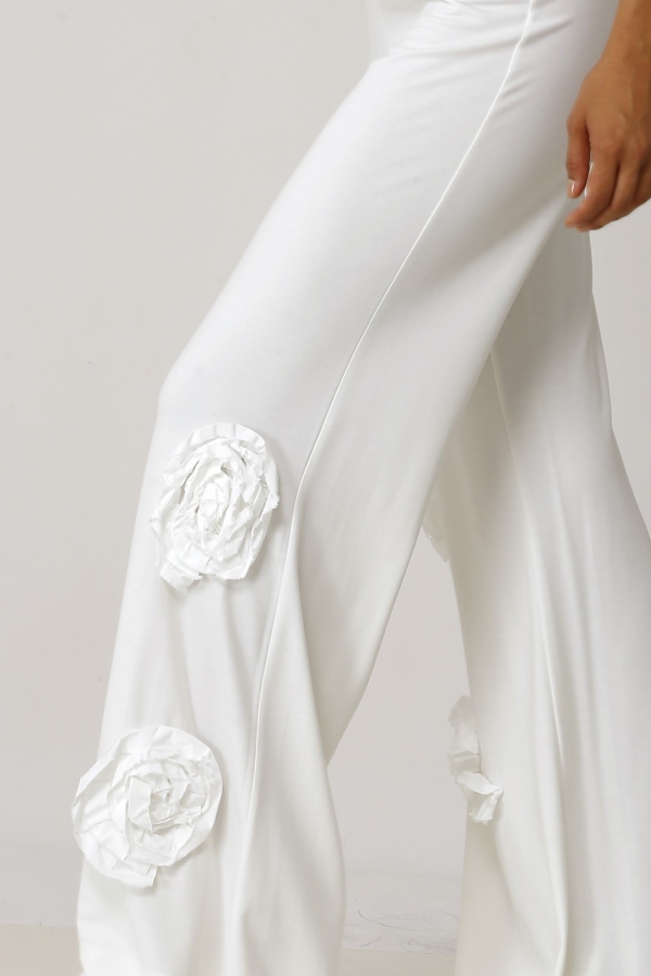 Rose Motif Pants - White - 5