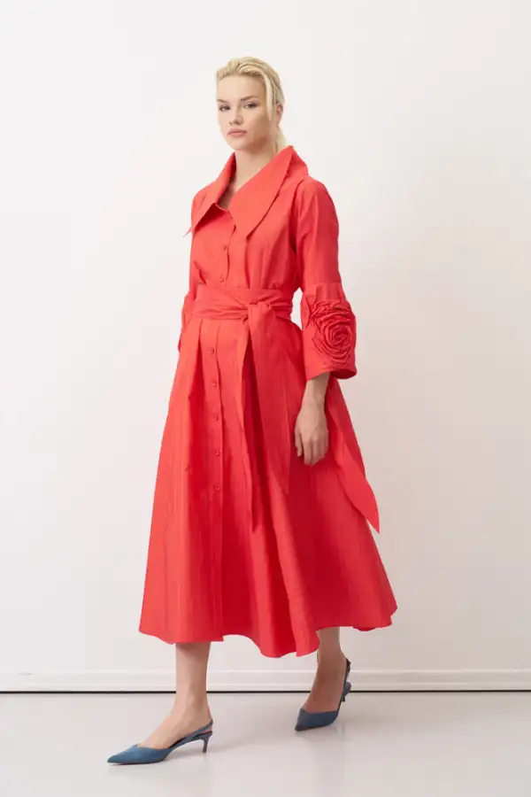 Roumeli Çizgili Elbise - Kırmızı - 3