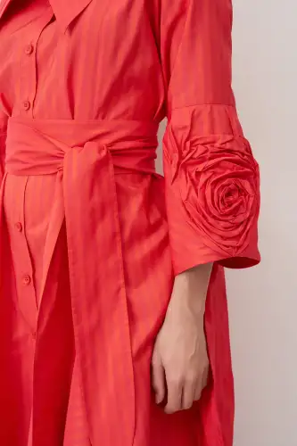 Roumeli Çizgili Elbise - Kırmızı - 4