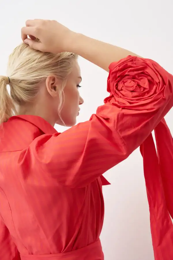 Roumeli Çizgili Elbise - Kırmızı - 7