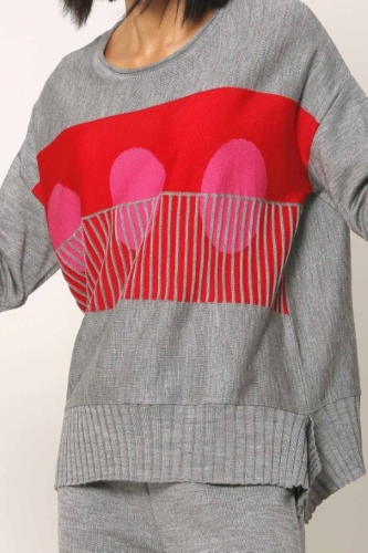 Round Pattern Tunic Sweater - Gray Melange - 4