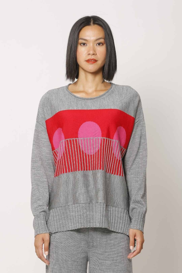 Round Pattern Tunic Sweater - Gray Melange - 1