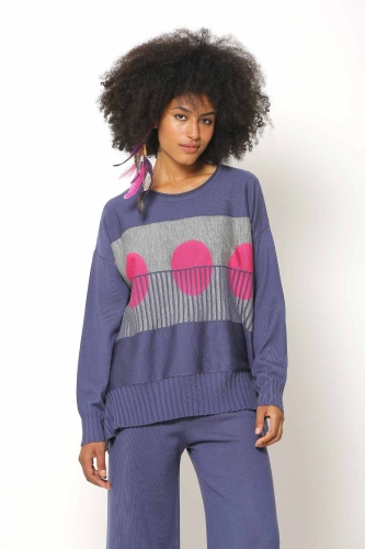 Round Pattern Tunic Sweater - Indigo 