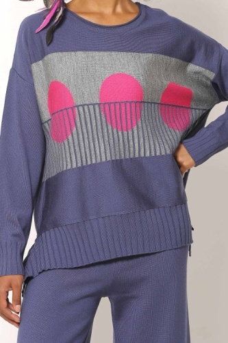 Round Pattern Tunic Sweater - Indigo - 4