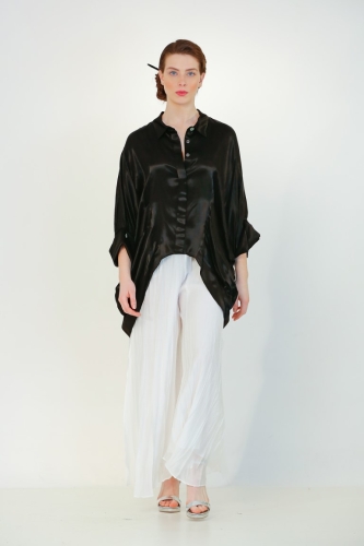 Satin Poncho Shirt - Black - 1