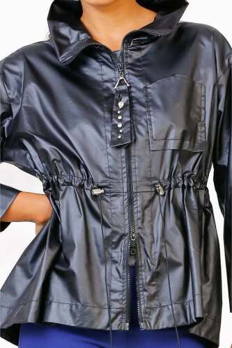 Shiny Cotton Blouse with Gathered Waist - Black - 5