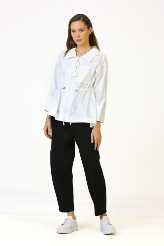 Shiny Cotton Blouse with Gathered Waist - White 