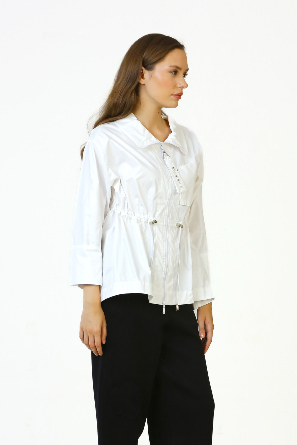 Shiny Cotton Blouse with Gathered Waist - White - 3