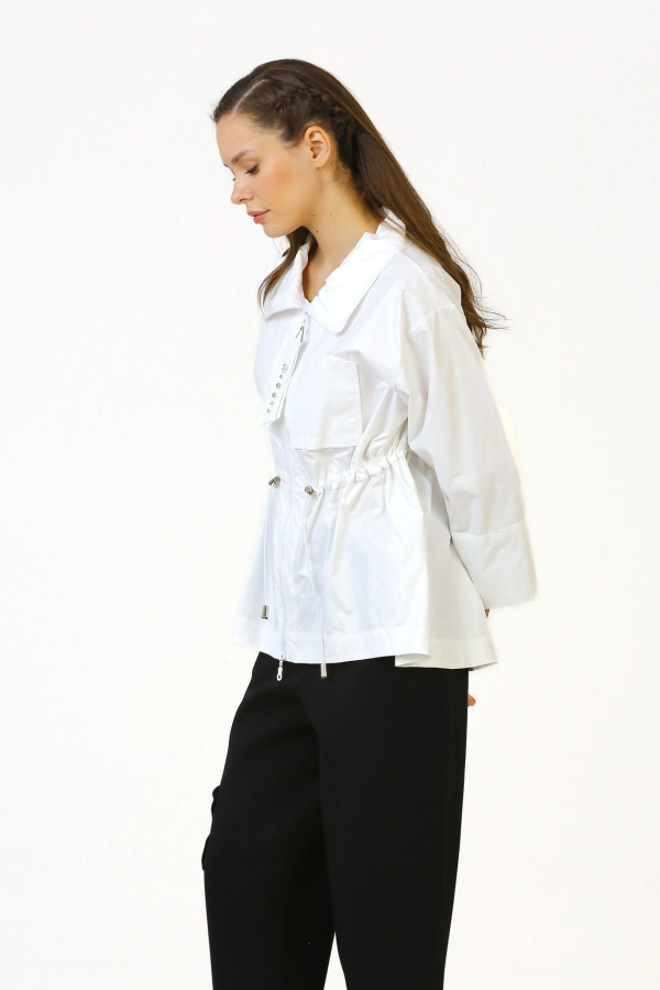 Shiny Cotton Blouse with Gathered Waist - White - 4