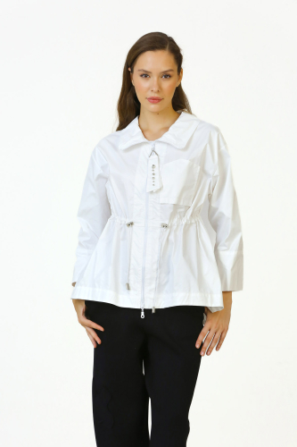 Shiny Cotton Blouse with Gathered Waist - White - 2