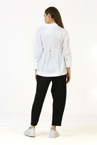 Shiny Cotton Blouse with Gathered Waist - White - 6