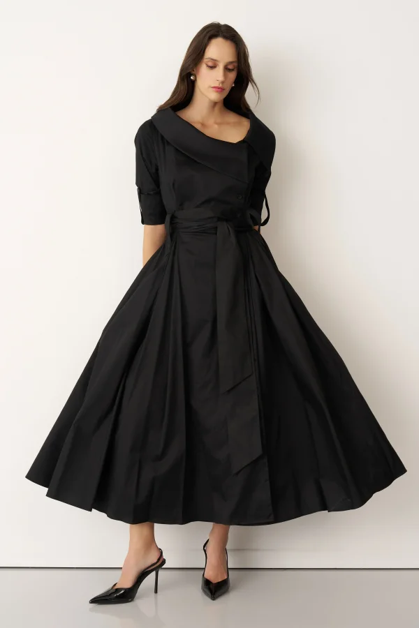 Siyah Asimetrik Yaka Beli Kemerli Telendos Elbise - 1