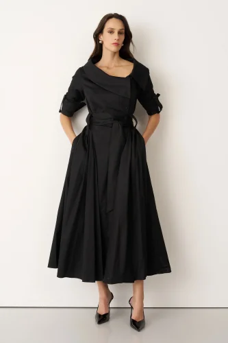 Siyah Asimetrik Yaka Beli Kemerli Telendos Elbise - BIZE (1)