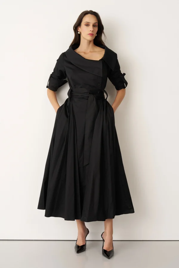 Siyah Asimetrik Yaka Beli Kemerli Telendos Elbise - 2