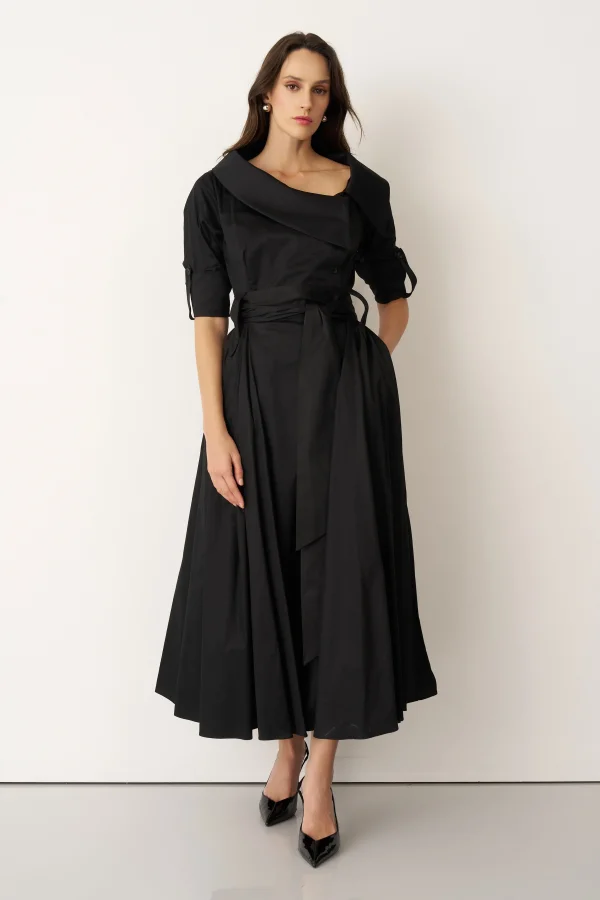 Siyah Asimetrik Yaka Beli Kemerli Telendos Elbise - 3