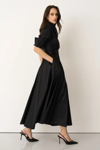 Siyah Asimetrik Yaka Beli Kemerli Telendos Elbise - 4