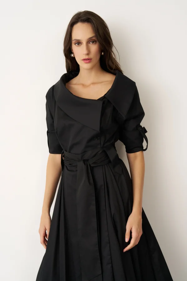 Siyah Asimetrik Yaka Beli Kemerli Telendos Elbise - 5