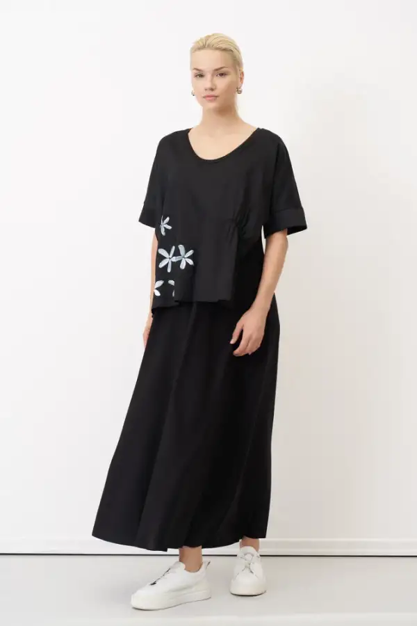 Siyah Çiçek Baskılı Spetses Çift Katlı Elbise - 2