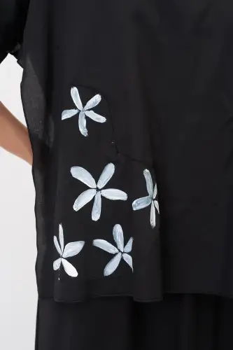 Siyah Çiçek Baskılı Spetses Çift Katlı Elbise - 4