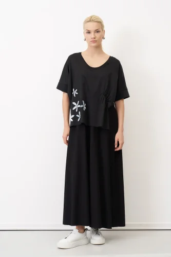 Siyah Çiçek Baskılı Spetses Çift Katlı Elbise - 1