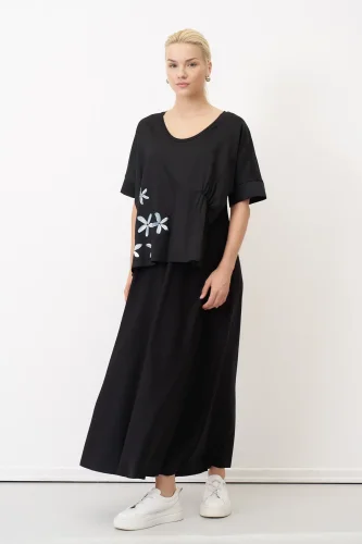 Siyah Çiçek Baskılı Spetses Çift Katlı Elbise - BIZE (1)