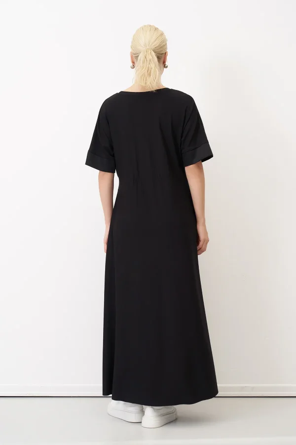 Siyah Çiçek Baskılı Spetses Çift Katlı Elbise - 5