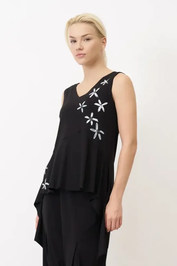 Siyah Çiçek Desenli V Yaka Spetses Bluz - 3