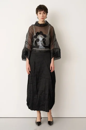 Siyah Etek Ucu Balon Kırışık Agistri Etek - 4