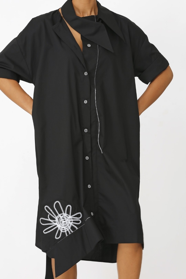 Nakışlı Gömlek Elbise - Siyah - 5