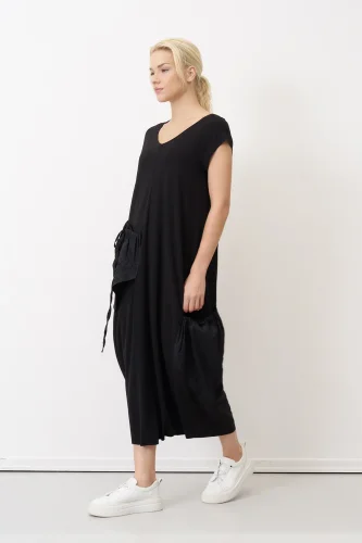 Siyah Kırışık Cepli V Yaka Kokkino Elbise - 3