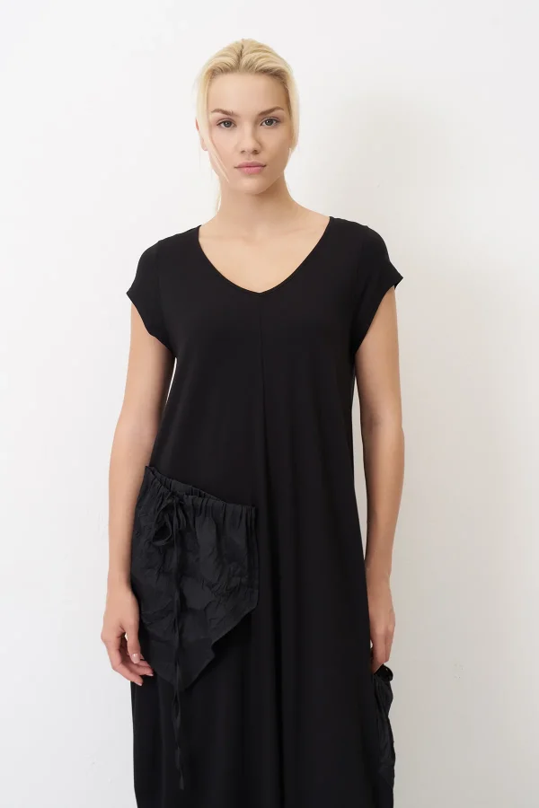 Siyah Kırışık Cepli V Yaka Kokkino Elbise - 5