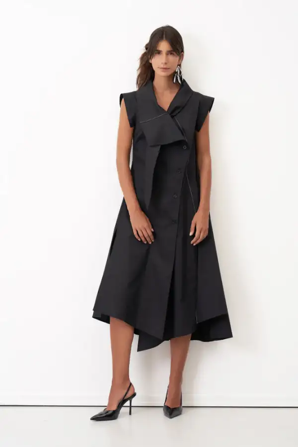 Siyah Kolsuz Büyük Yaka Dikiş Detaylı Neraki Elbise - 1