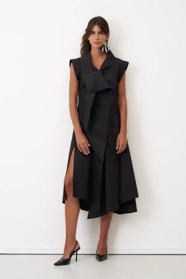 Siyah Kolsuz Büyük Yaka Dikiş Detaylı Neraki Elbise - 2