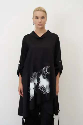 Siyah Önü Baskılı Etek Ucu Büzülebilen Megalo Tunik - BIZE (1)