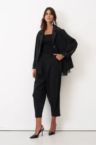 Siyah Sırtı Fileli Önü Kumaş Blazer Gyaros Ceket - 4