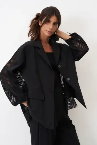 Siyah Sırtı Fileli Önü Kumaş Blazer Gyaros Ceket - 6