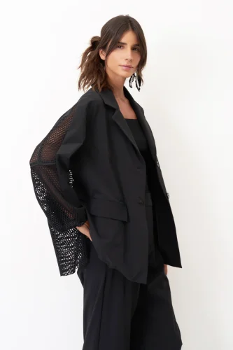 Siyah Sırtı Fileli Önü Kumaş Blazer Gyaros Ceket - 1