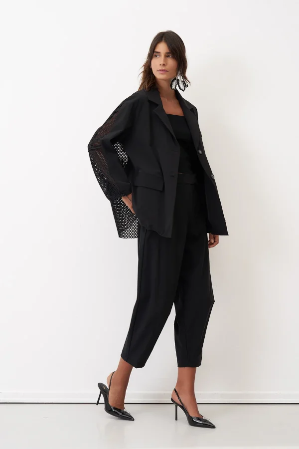 Siyah Sırtı Fileli Önü Kumaş Blazer Gyaros Ceket - 5