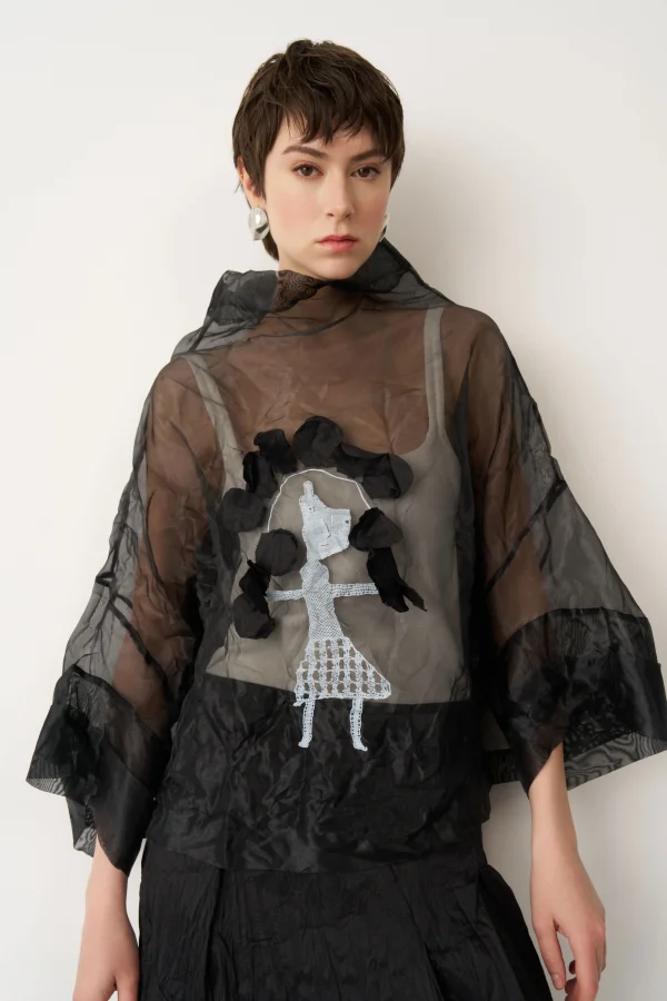 Siyah Transparan Organze Ftane Bluz - 1