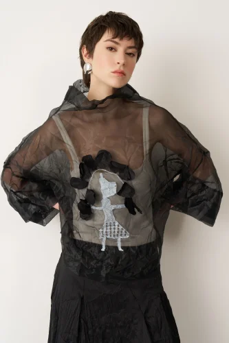 Siyah Transparan Organze Ftane Bluz - 3