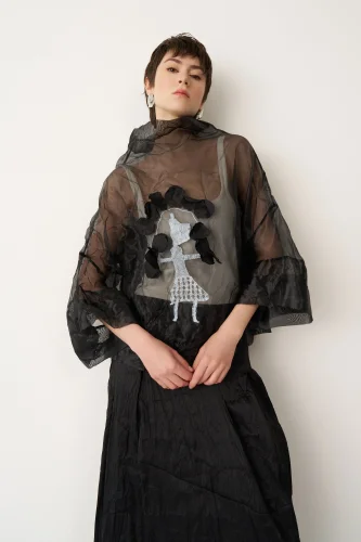 Siyah Transparan Organze Ftane Bluz - 4