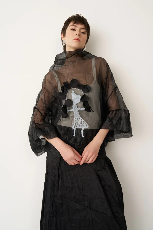 Siyah Transparan Organze Ftane Bluz - 4