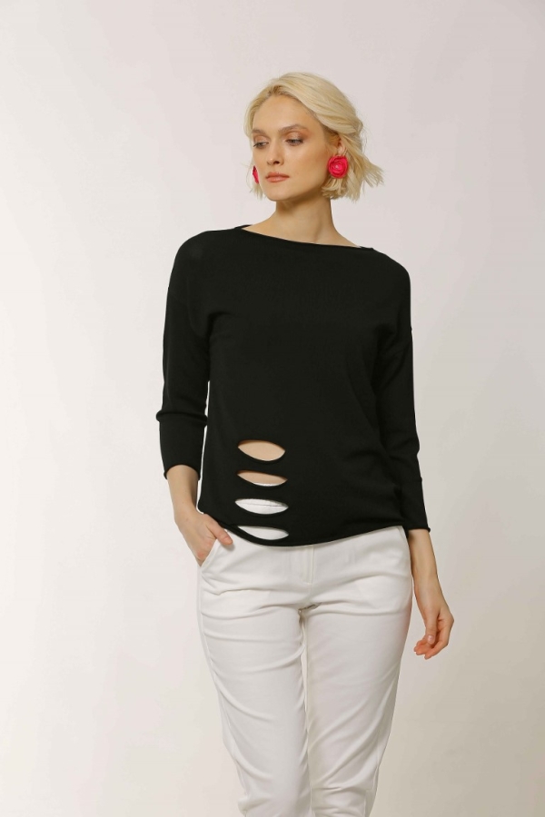Slit Hem Rayon Sweater - Black - 1